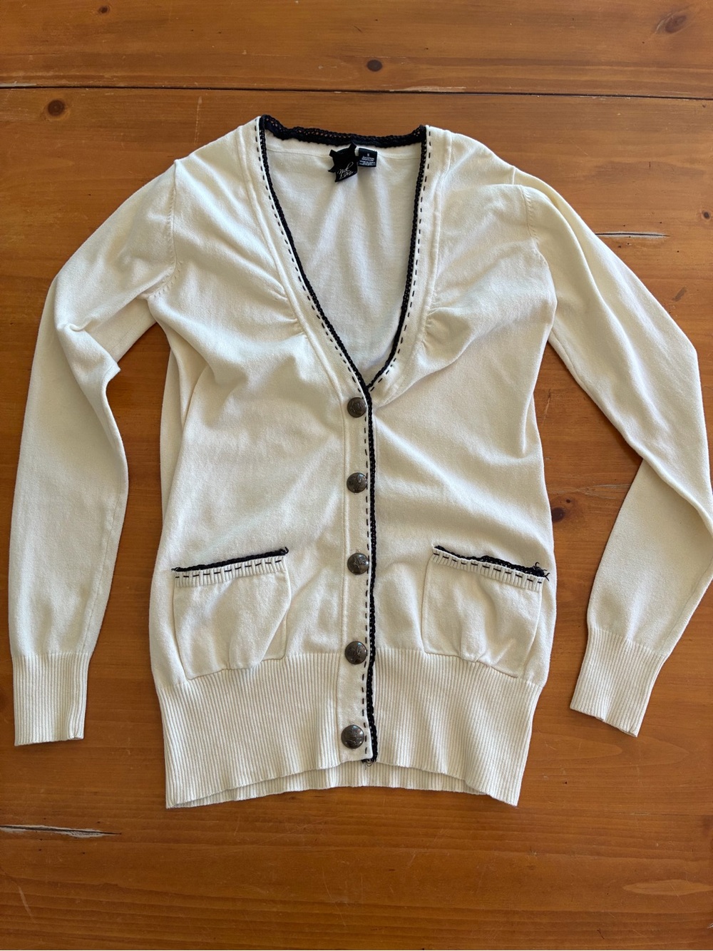 Nick & Mo Cream Cardigan with Black Trim and Front Pockets